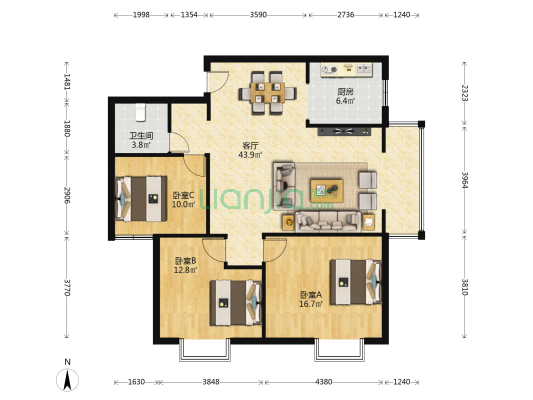 兰港怡园A区 3室1厅1卫 126平方