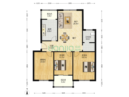 梨园小区 2室1厅1卫 119平方