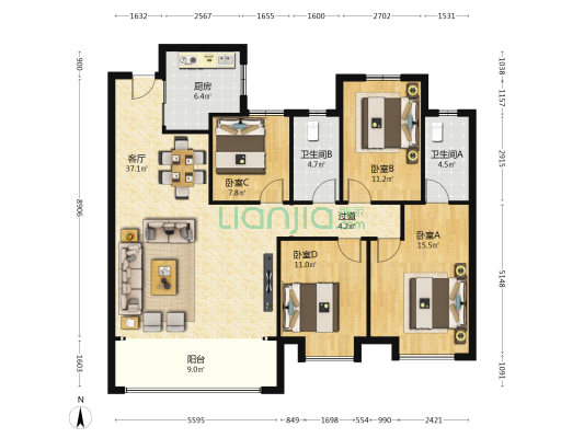 华润凯旋门 4室1厅2卫 140平方