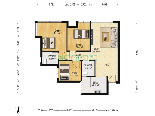 红石美地商业广场 3室1厅2卫 74平方