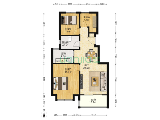 山语隽府 3室1厅1卫 80平方