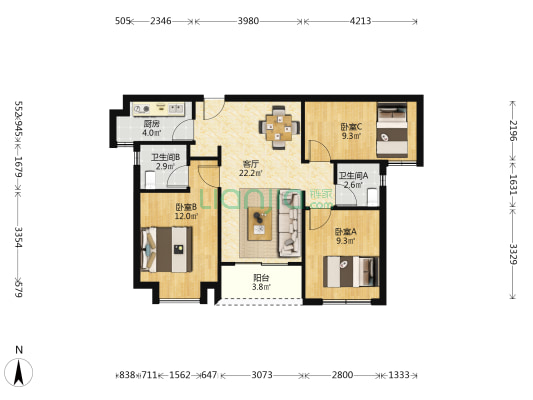 住宅水晶尚庭 3室1厅2卫 88平方