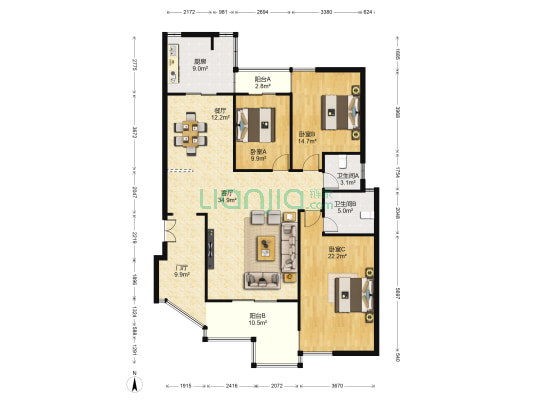 九锦台 3室2厅2卫 170平方