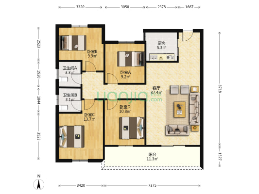 汉南大道1251附16号 4室1厅2卫 111平方