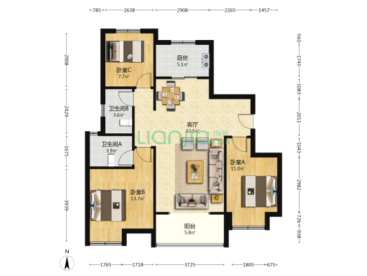 大唐芙蓉郡 3室1厅2卫 117平方