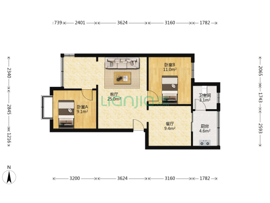 北苑小区 2室2厅1卫 63平方
