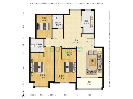 金石华城 3室1厅2卫 126平方
