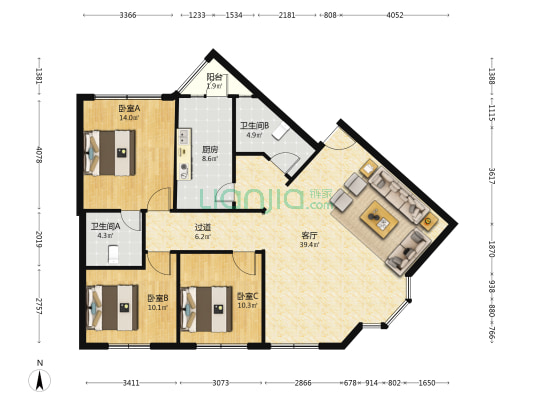 广场花园(华金大道二段) 3室1厅2卫 121平方