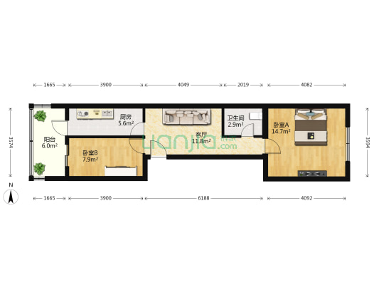 地质附中 2室1厅1卫 60平方