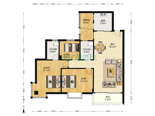 金河湾花园二期 3室1厅2卫 121平方