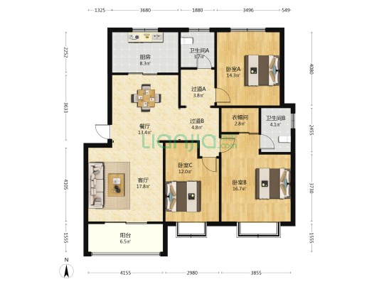 和睦园 3室2厅2卫 128平方