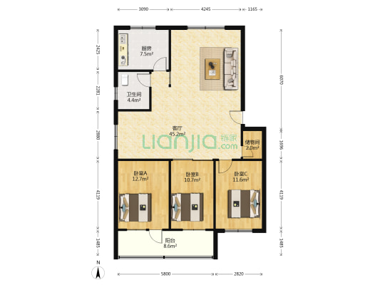 检察院宿舍 3室1厅1卫 124平方