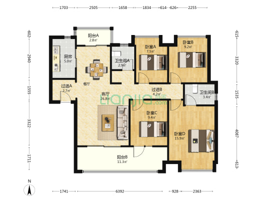 爱家当代境MOMΛ 4室1厅2卫 126平方