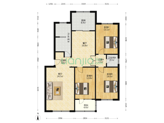 新一代小区B区 3室2厅2卫 138平方