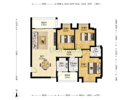 御华明珠花园 3室1厅2卫 92平方
