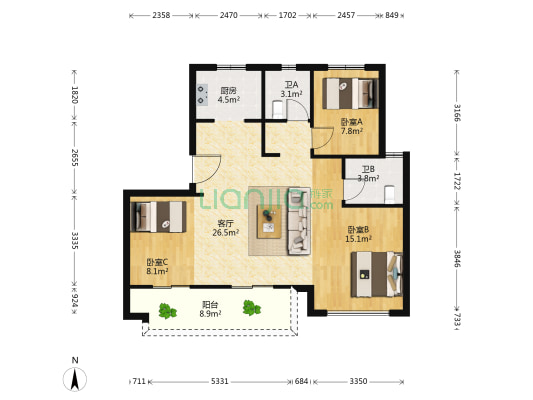 鸿翔紫藤里 3室1厅2卫 98平方
