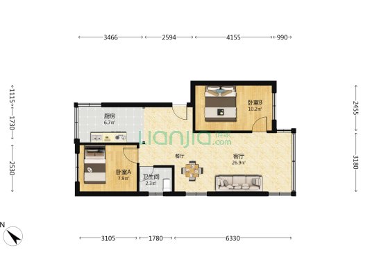 长享46号 2室1厅1卫 65平方