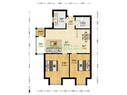 格调竹境 2室2厅1卫 96平方
