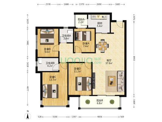 江山御景二期 4室1厅2卫 125平方
