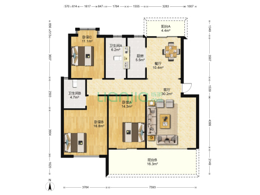 尖峰郦园 3室2厅2卫 126平方