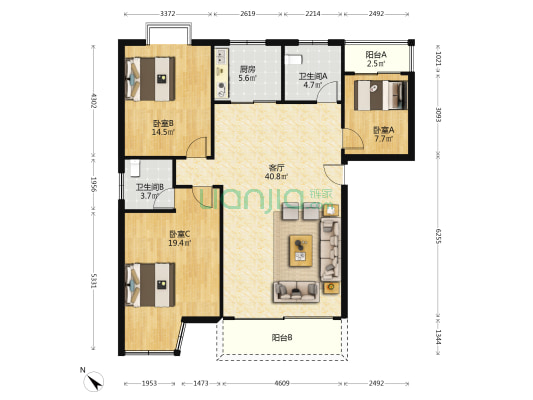 欧景苑三期 3室1厅2卫 122平方