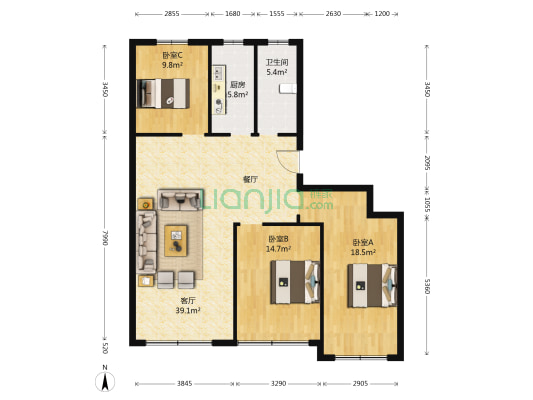润合花园 3室1厅1卫 134平方