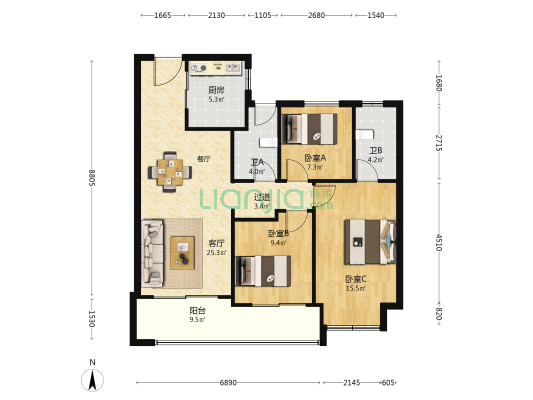 建发缦云 3室1厅2卫 105平方