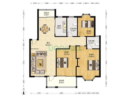 今日新城 3室1厅2卫 136平方