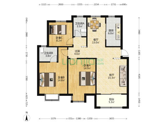 瑞峰嘉苑 3室2厅2卫 125平方