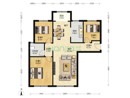 保利紫薇花语 3室1厅1卫 111平方