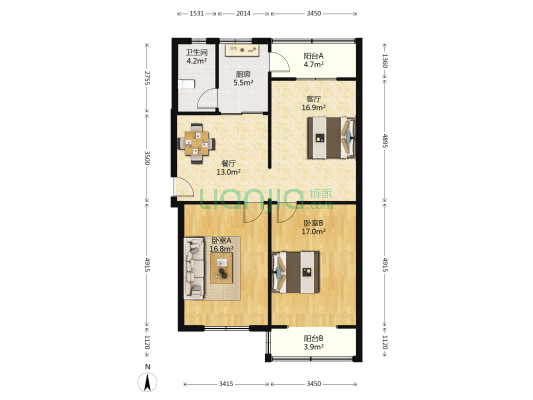 照明里 2室2厅1卫 103平方