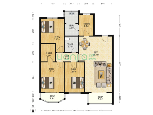 枫景园 3室1厅1卫 144平方