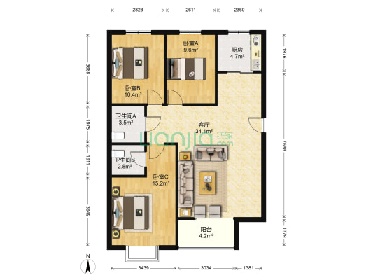 联合七号院  南北通透大三居室  有房本-户型图