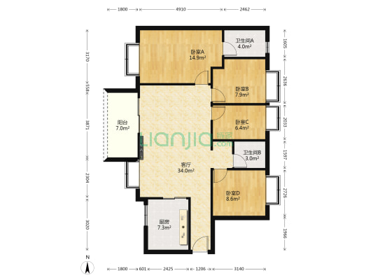 万科第五城 4室1厅2卫 116平方