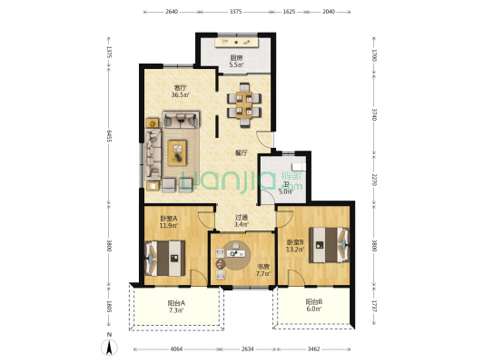浦东小区 3室1厅1卫 107平方