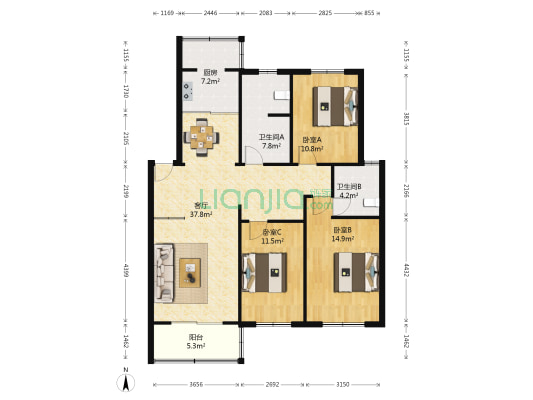 紫金城苜卫路39号 3室1厅2卫 117平方