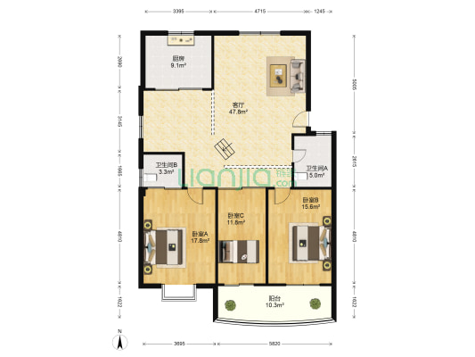 万丰花园 3室1厅2卫 146平方