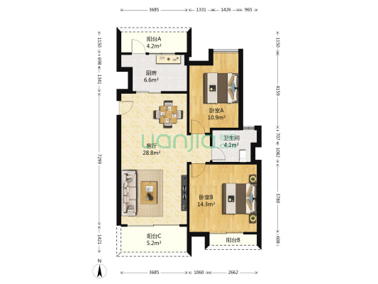 亚运城运动员村四区 2室1厅1卫 96平方