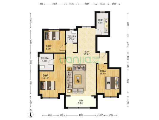 天铂晗园 3室1厅2卫 118平方