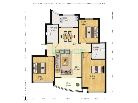银河湾 3室1厅2卫 120平方