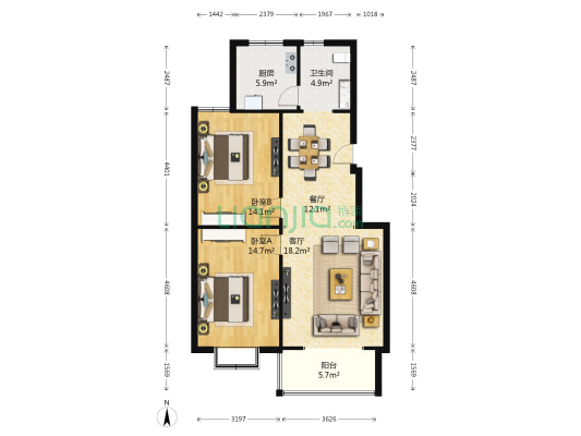 松龄华府 2室2厅1卫 99平方