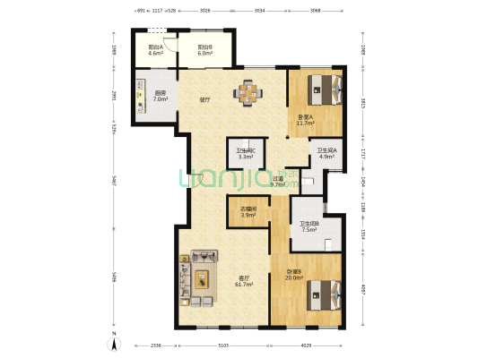 怡商花园 2室1厅3卫 195平方