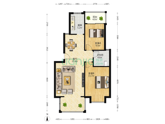 新城花园 2室1厅1卫 86平方