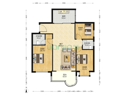 东盛嘉园 3室1厅2卫 133平方