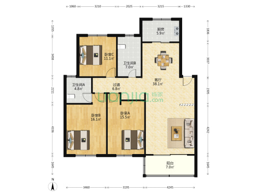 换新小区 3室1厅2卫 134平方