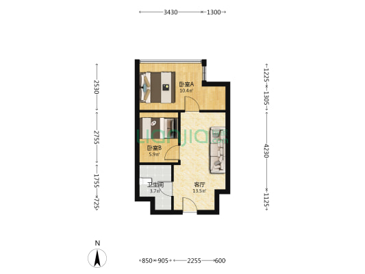 万科城际之光 2室1厅 北-户型图