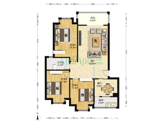 吉福庭苑 3室2厅1卫 104平方