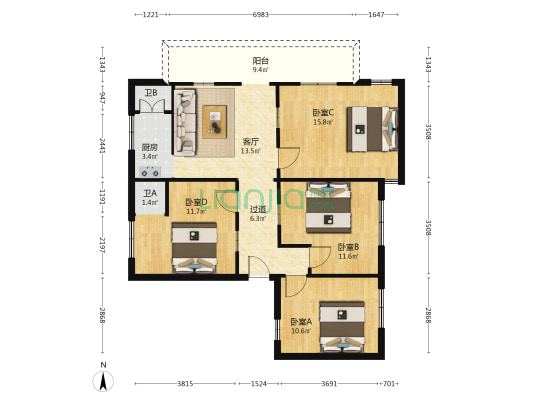 水东东路 4室1厅2卫 92平方