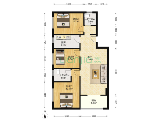 隆源国际城B区 3室1厅2卫 83平方