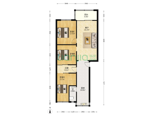 毓秀路3号 3室1厅1卫 90平方